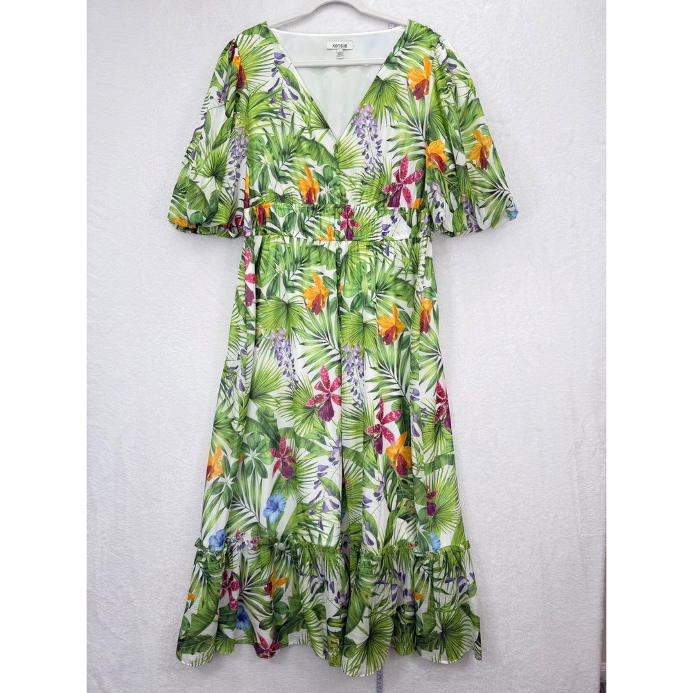 Kensie Tropical Floral Midi Dress Women 16 NWT V-Neck Flutter Sleeve MSRP $128